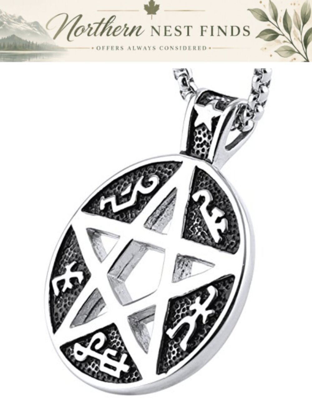 Stainless Steel Devils Trap Pendant Necklace Box Chain Lobster Clasp 22in